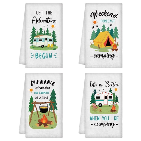 4 Styles Camping Theme Hand Towels Funny Camping Bonfire Tent Decorative Tea Dish Towels Novel Gifts