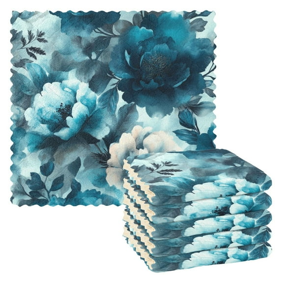 6 Pack Kitchen Dish Towels, 11 Inch x 11 Inch Reusable Cleaning Cloths for Washing Dishes Dish Cloths for Drying Dishes Teal Elegant Floral Pattern
