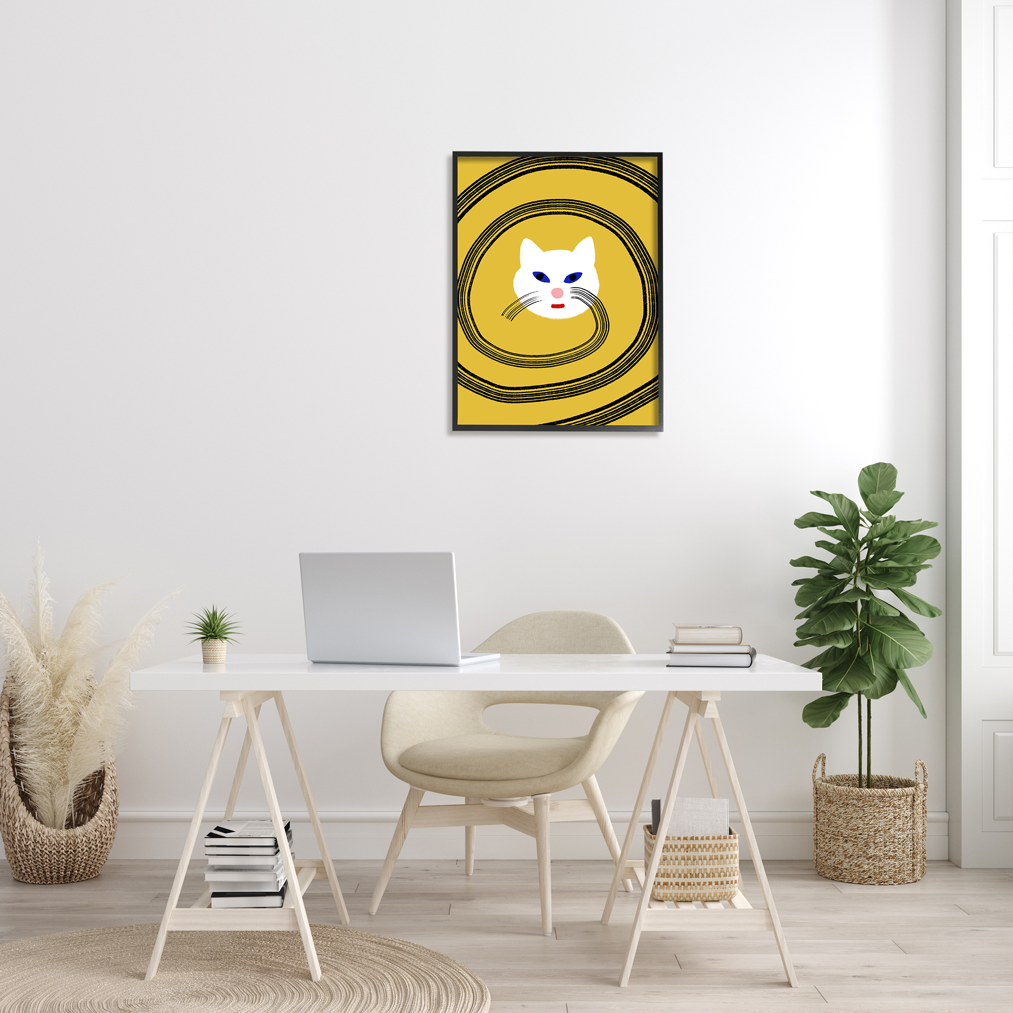Stupell Industries Cat Whiskers Meow Abstract Modern Spiral over Yellow Animals & Insects Painting Black Framed Art Print Wall Art, 24 x 30
