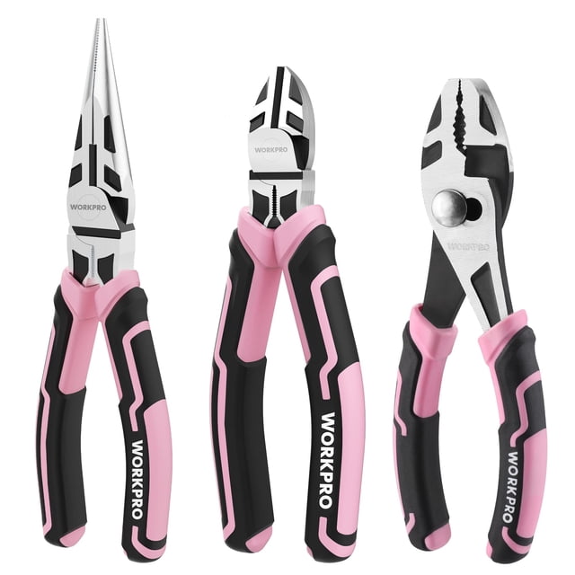Juego de alicates WORKPRO Pink de 3 piezas: punta de aguja, corte, deslizantes