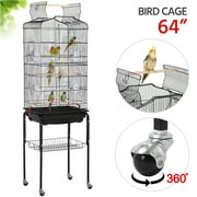 Topeakmart 64''H Open Top Metal Bird Cage Large Rolling Parrot Cage with Detachable Rolling Stand, Black