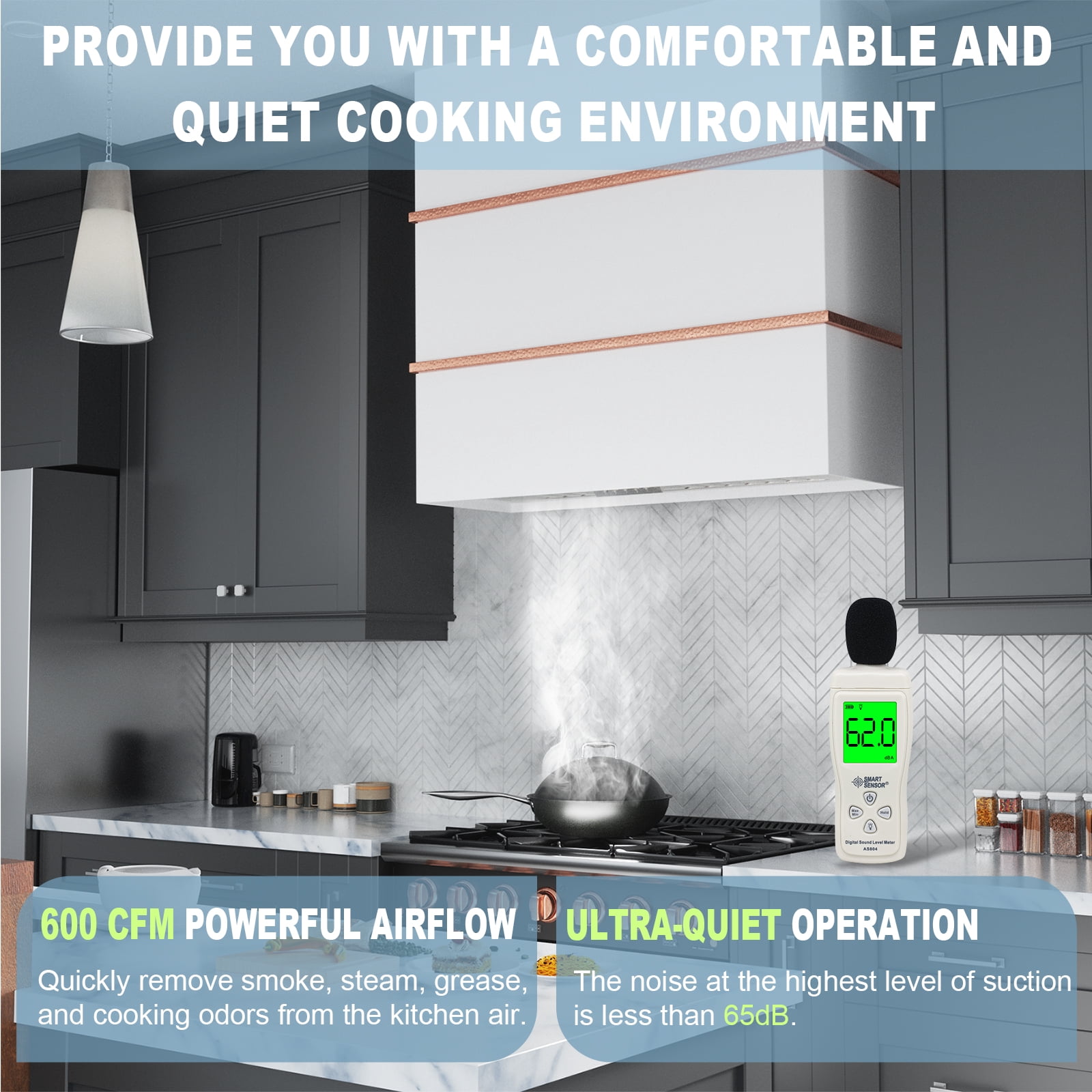 Akicon 30 inch Kitchen Range Hood with 600 CFM, Stainless Steel Wall Mounted Ducted Range Hood, 3 Speed Fan with LED Light, Powerful Vent Motor, Signal White with Copper