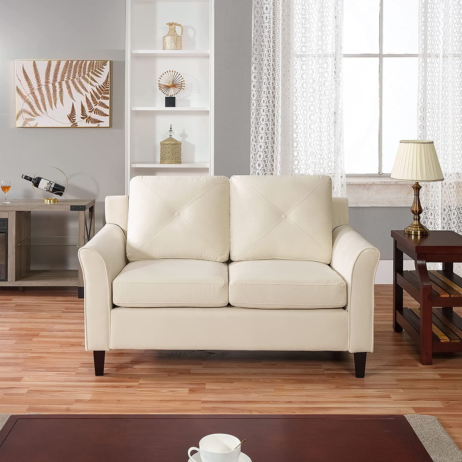 Raelynn Button Tufted Loveseat Sofa Affordable Cream Small Loveseat
