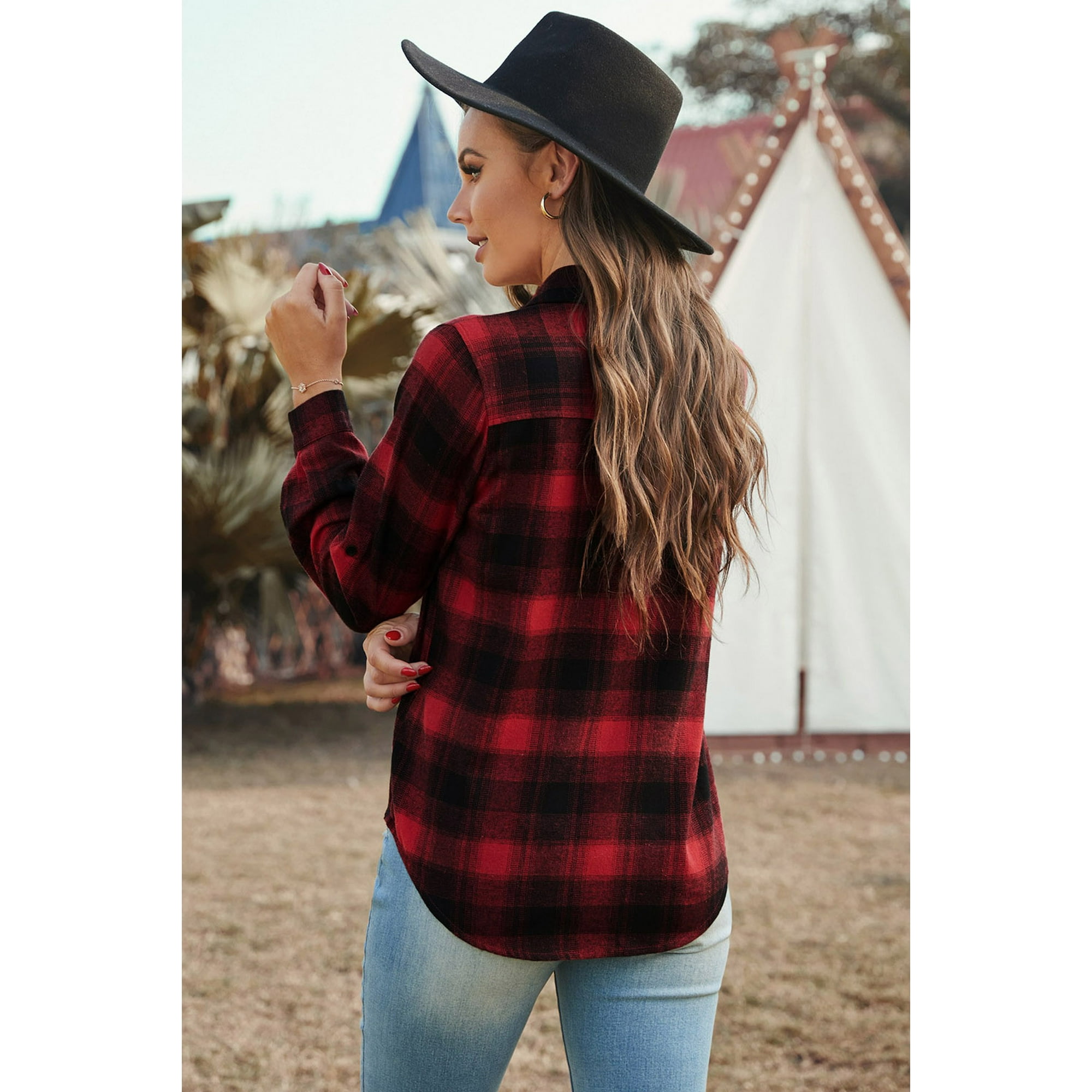 Chemise a Carreaux Rouges a Manches Longues pour Femmes Walmart