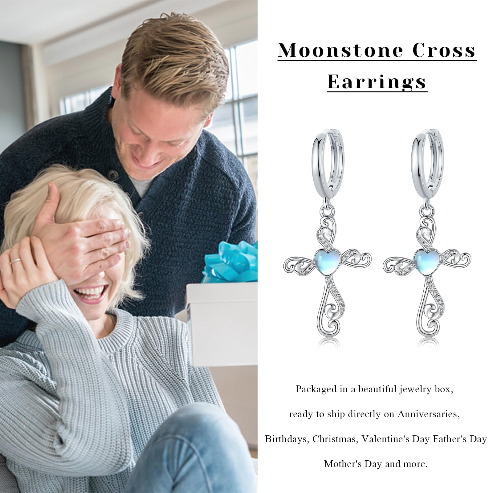 Coachuhhar Cross Hoop Earrings for Women 925 Sterling Silver Huggie Earrings Tiny Cartilage Earrings Mini Hoops Earrings Small Earrings Heart Moonstone Jewelry for Mother's Day