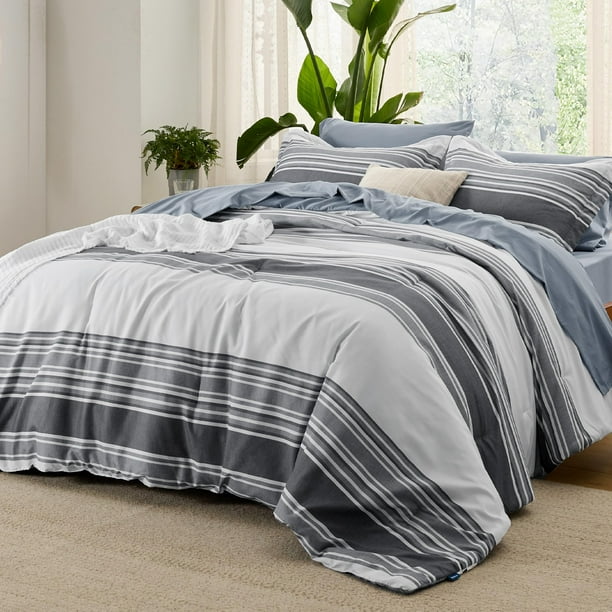 Juego de edredón Bedsure Queen Gris Oscuro con rayas, 7 piezas