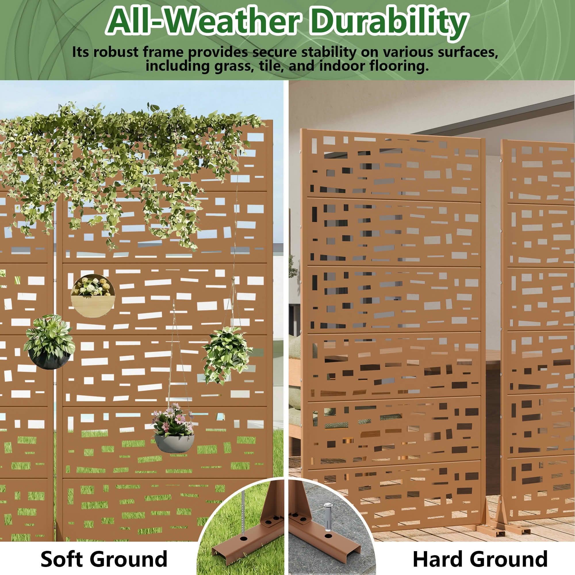 MAYEERTY 72X35" Metal Outdoor Brown Privacy Screen for Backyard & Garden, 6 Piece Set, Double‑sided Installation