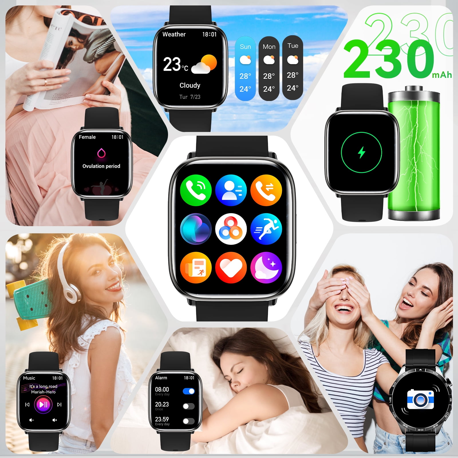 XAXRE Smartwatch for Women Men 1.75" AMOLED Display IP68 Waterproof  Smartwatch with Fitness Tracker Pedometer Sport Watch for iOS Android, 1pc, Black