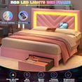 thumbnail image 5 of NHIXSOM Full Upholstered Platform Bed Frame with LED Lights and Storage, Velvet Adjustable Headboard, Pink, 5 of 8