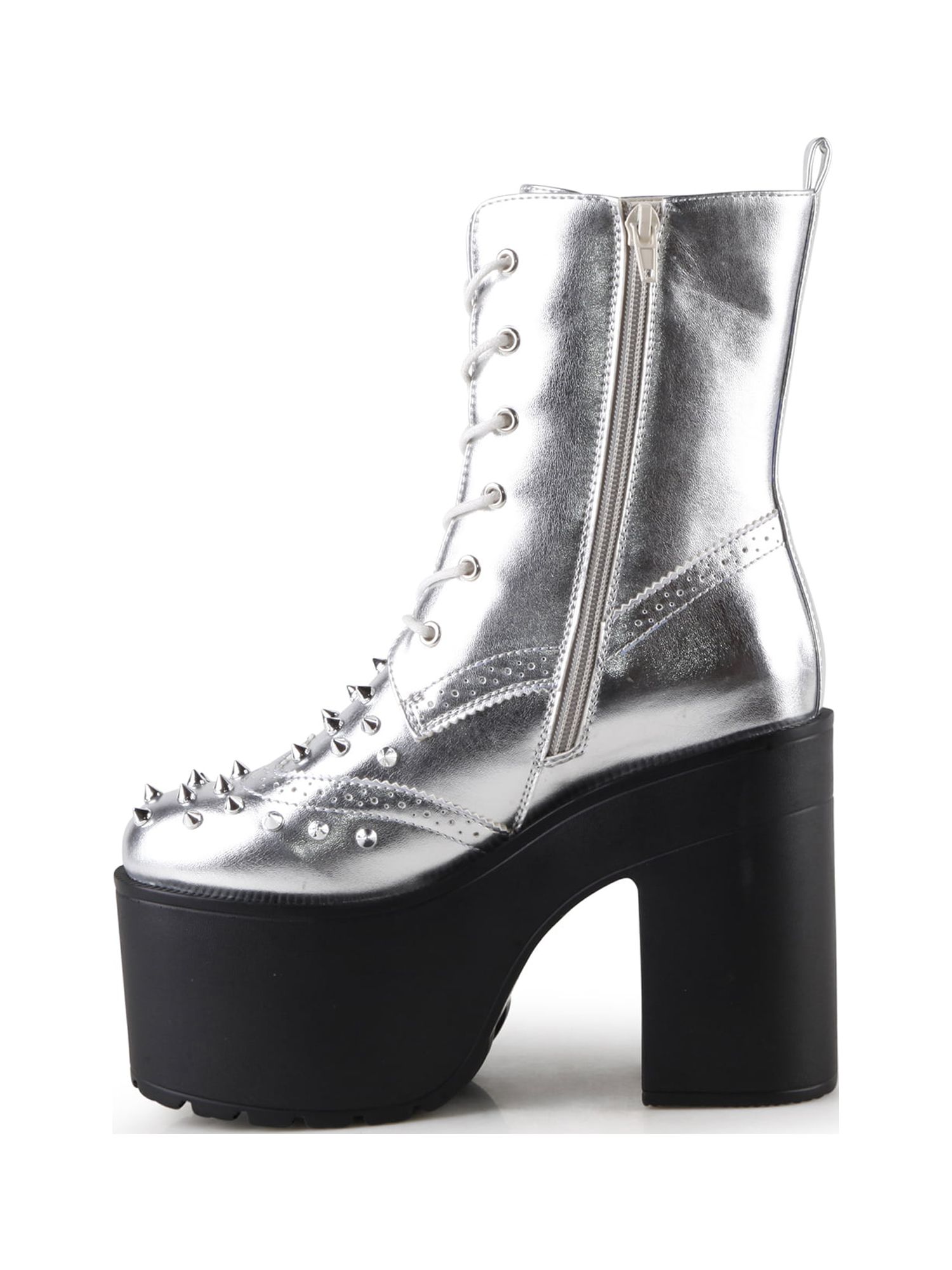 Brogue Spiked Women's Platform Festival Rave Combat Ankle Boots in Silver