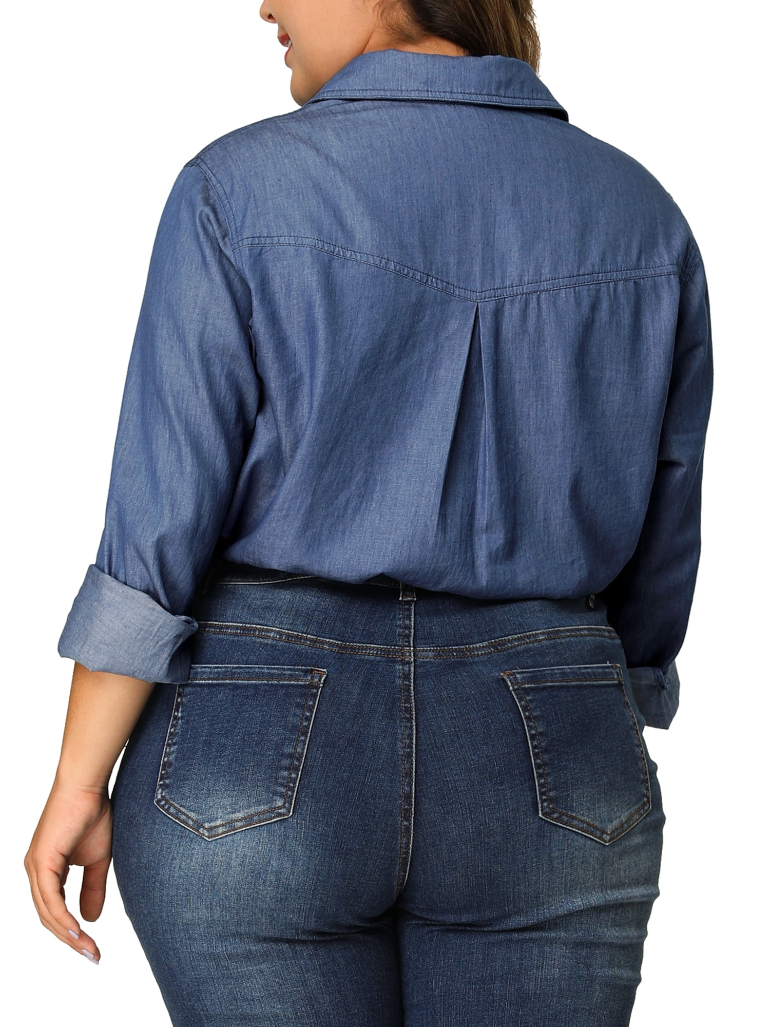 DARING DIVA Women's Plus Chest Pocket Long Sleeve Denim Chambray Shirt 5X Blue