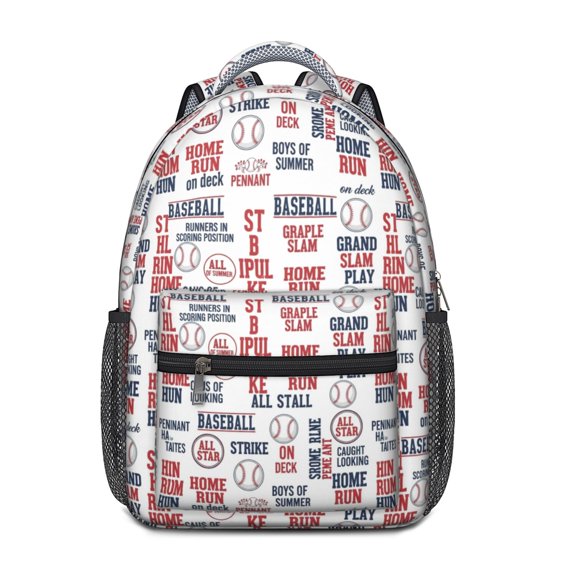 Baseballs and Game Terms White Backpack for School, Cute School Bag with Adjustable Shoulder Straps and Padded Back, 15.3"x11"x6.7"