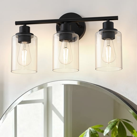 YANSUN 17 in Matte Black 3-Light Industrial Vanity Light with Clear Glass Shades for Bathroom Hallway Living Room E26 Base (Bulbs Not Included)