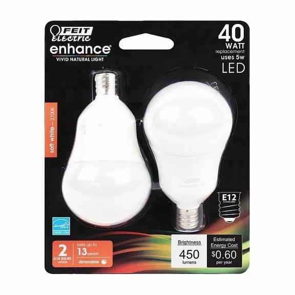 Feit Electric LED,5 W,A15,Candelabra Screw (E12),PK2 BPA1540C/927CA/2