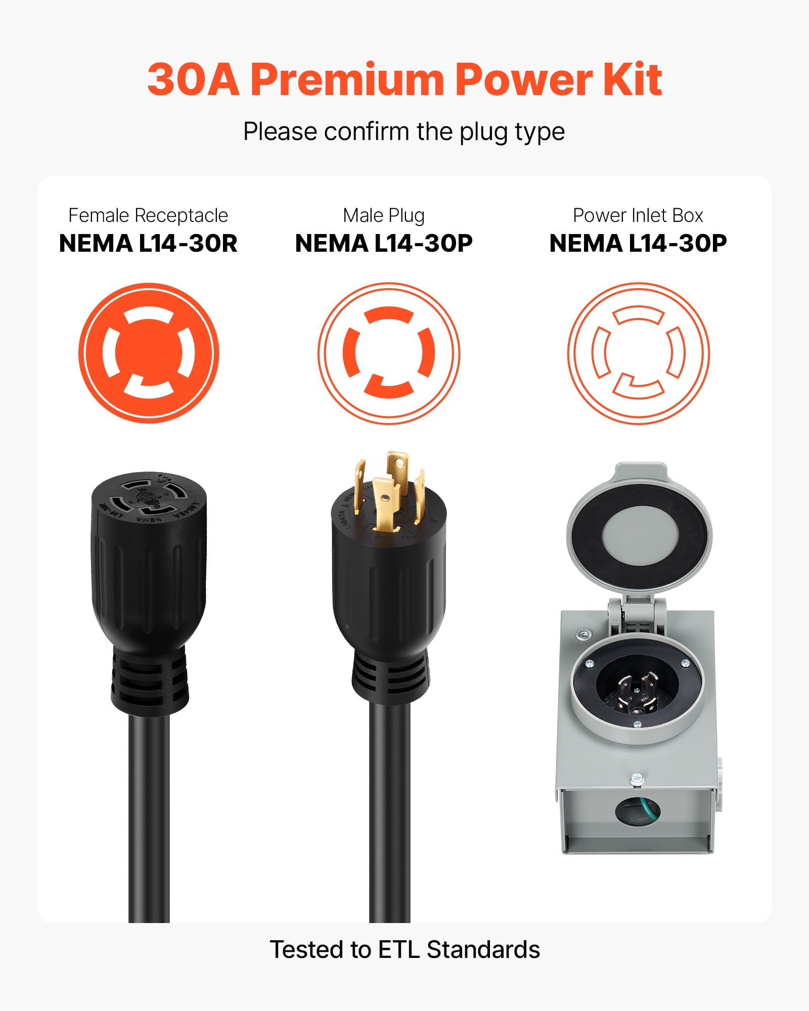 VEVOR 30 Amp Generator Cord and Power Inlet Box, 10 FT,125/250V NEMA L14-30P to L14-30R Heavy Duty Extension Power Cord, SJTW 10 Gauge 7500W, Pre-Drilled Inlet Box, for Generator to House, ETL Listed