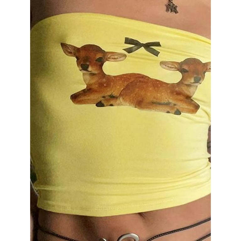 Women's Summer Slim Tube Tops Deer Bow Print Bandeau Show Navel