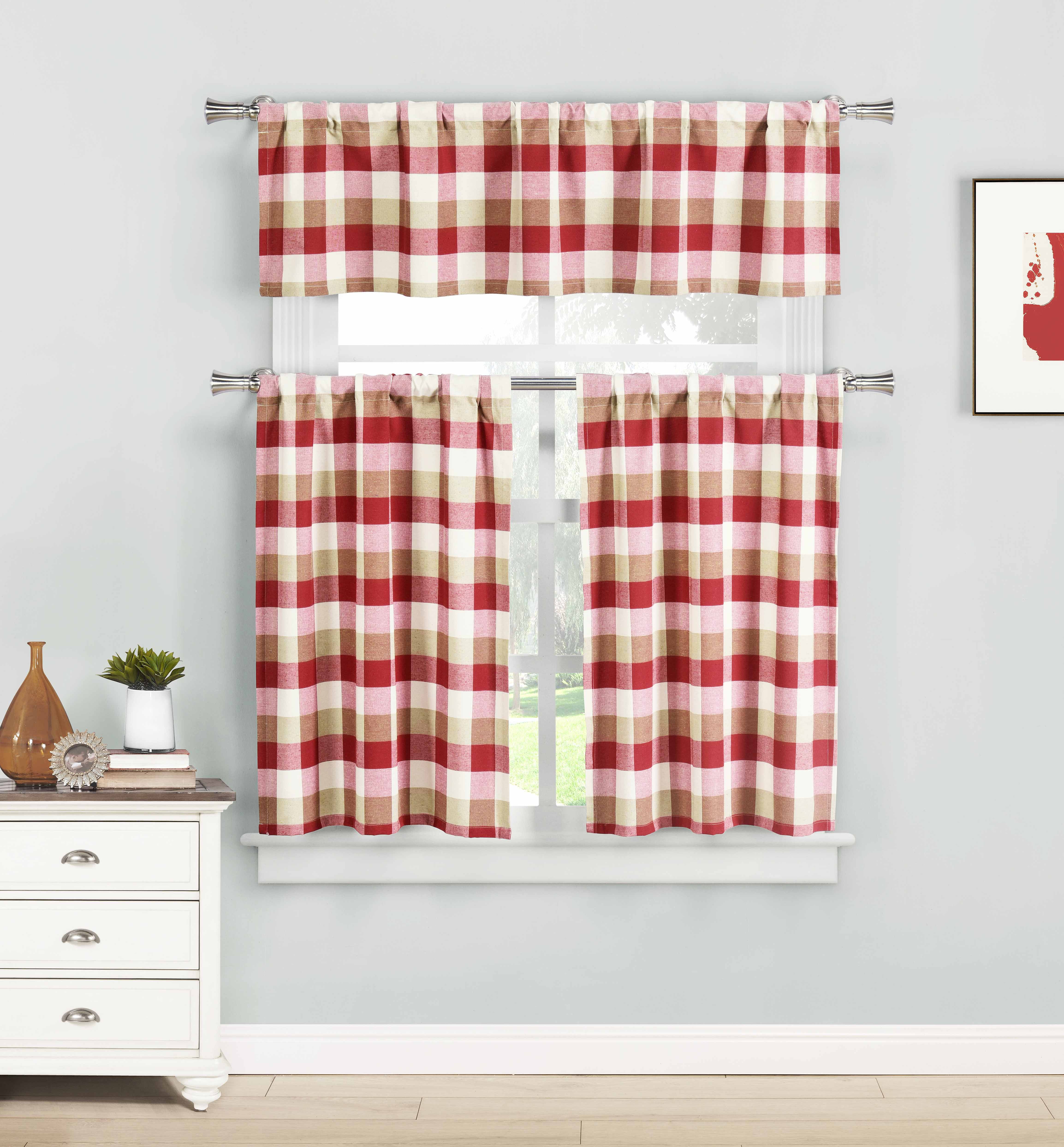 Red Three Piece Kitchen/Cafe Tier Window Curtain Set Large Gingham