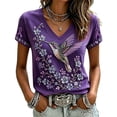thumbnail image 4 of BODOAO Women's Breast Cancer Awareness Graphic T Shirt V Neck Short Sleeve Tee, American Flag Pink Ribbon Support Top for Casual Patriotic Holiday Everyday Wear Dark Purple L, 4 of 5
