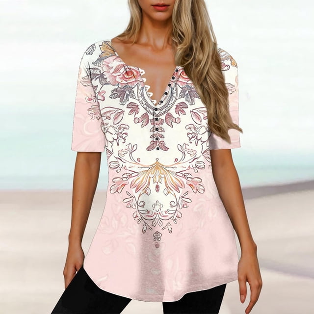 Lydiaunistar Spring Women's Plus Size Printed Short Sleeve V-Neck Button Down Casual Blouse Tops for Spring, Summer, Party, Work & Vacation - Polyester Fashion Top Pink