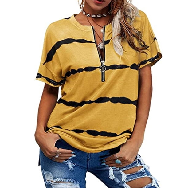 Qarigey Camiseta de algodón para mujer, blusa básica estampada holgada, ropa de diario para niñas, ropa de verano para fiesta de vacaciones en la Prendas para la parte del cuerpo Amarillo M Qarigey AP010364-17