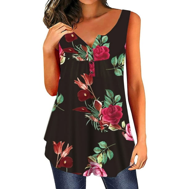 Blusa sin mangas con botones y estampado de flores con cuello en V