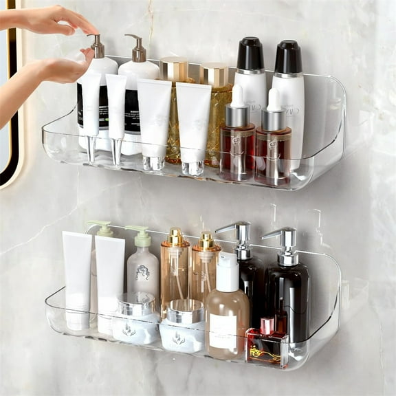 HXRH 2 Pack Self Adhesive Shelves,Acrylic Shower Caddy,Wall Mount No Drilling Organizer,Plastic Clear Storage Shelf,Come with Adhesive Tape,for Home Bathroom Kitchen (9.45" x 3.54")