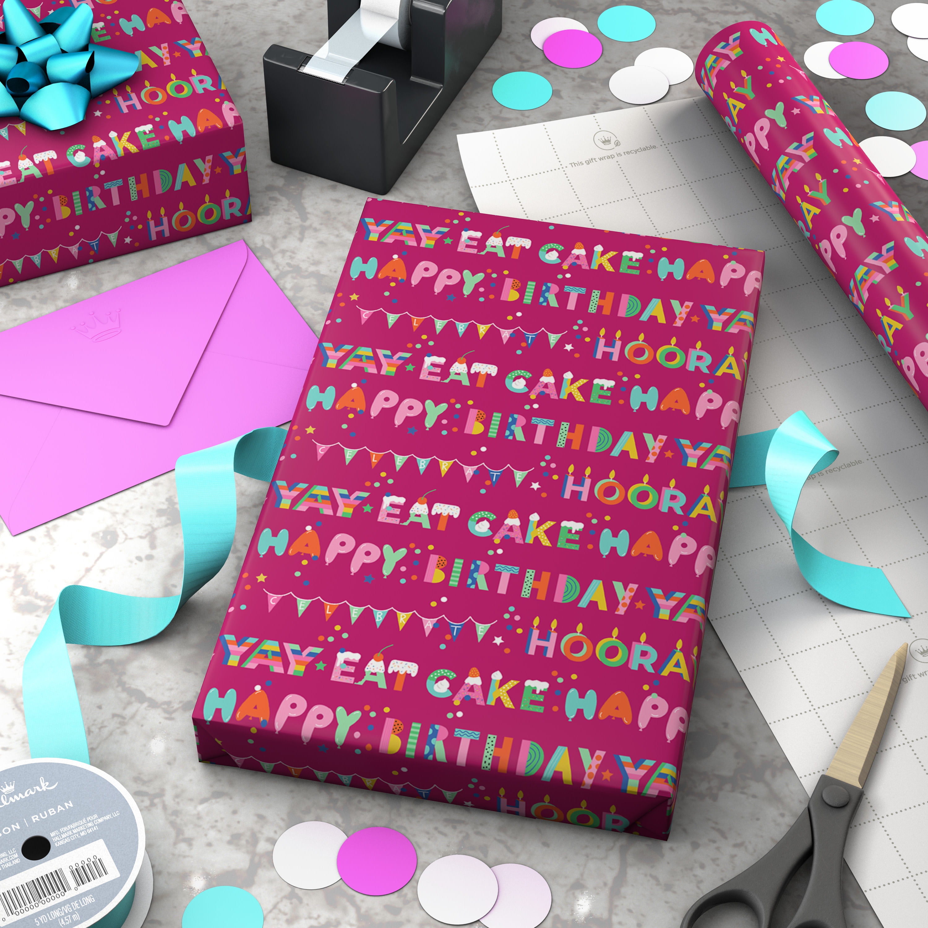 Hallmark Birthday Wrapping Paper Roll (Festive Lettering on Pink) 20 Sq. ft.