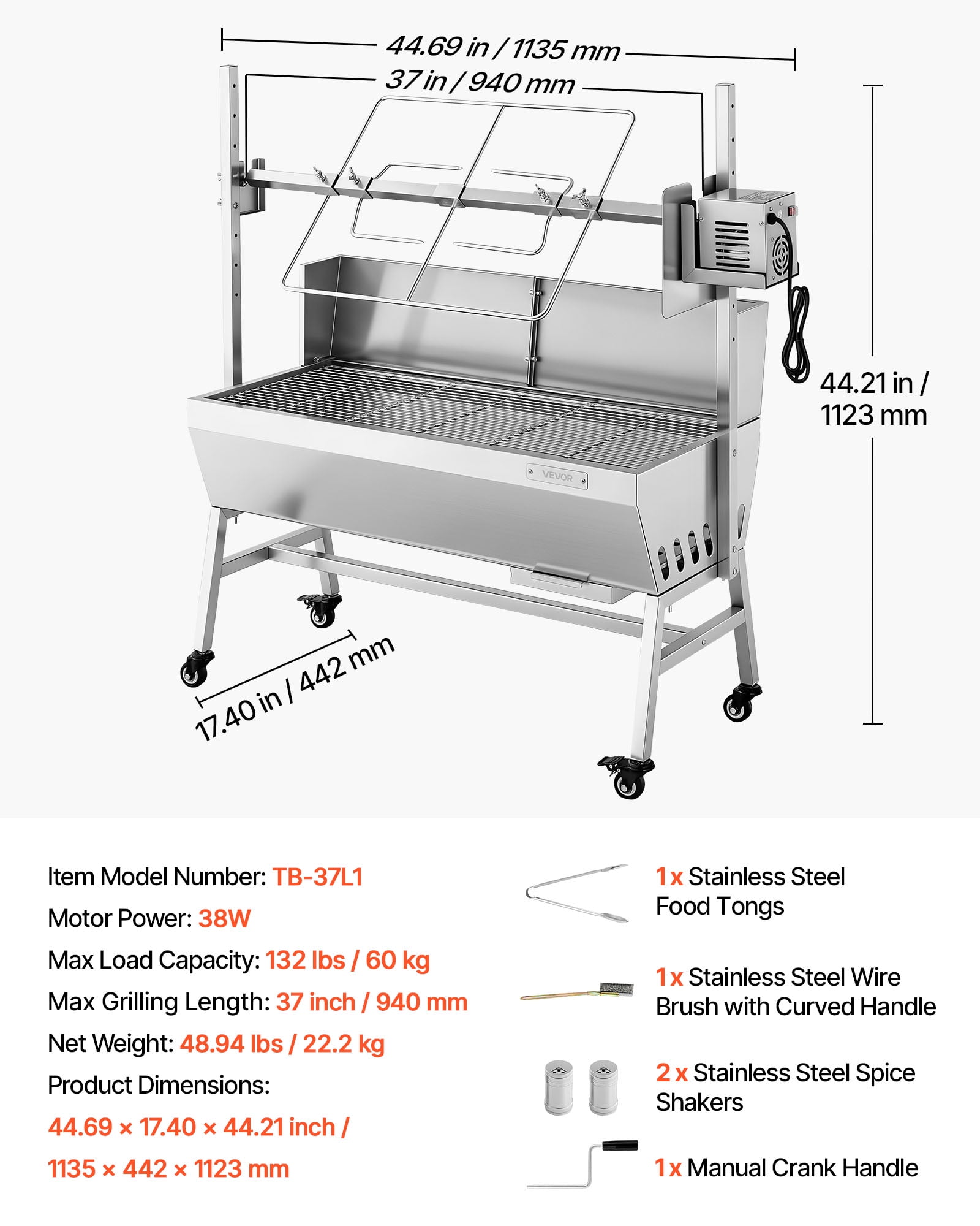 VEVOR Rotisserie Grill, 38W BBQ Outdoor Pig & Lamb Spit Roaster, Charcoal Spit Roaster with 132 LBS Load Capacity & 7-Level Height, Stainless Steel Electric Rotisserie Grill Kit for Camping Outdoor