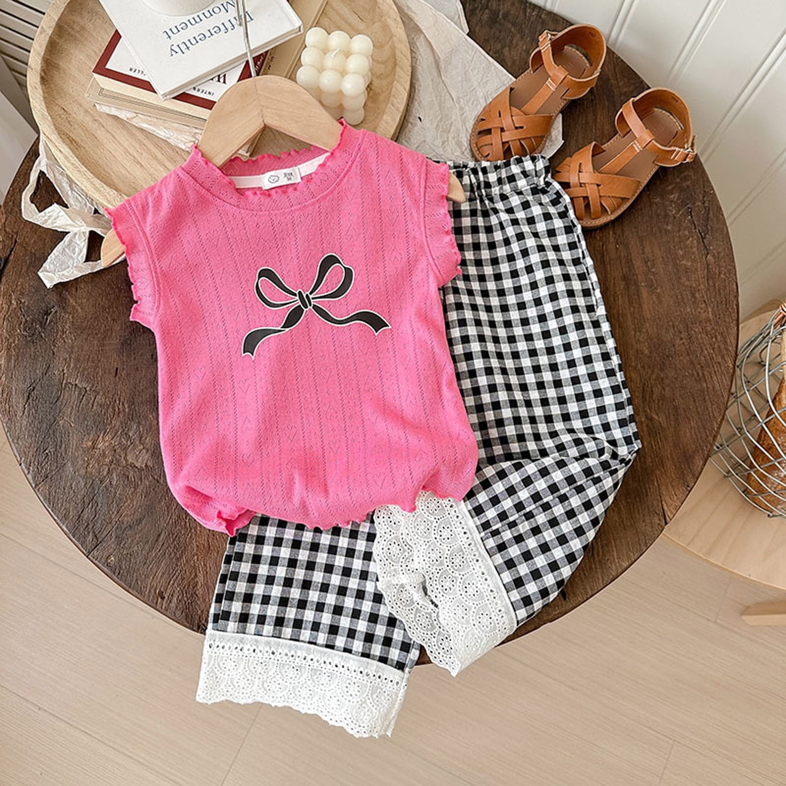 Youmylove Girls' Puff Sleeve Tops And Checkered Pants Suit Fashion