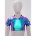 thumbnail image 6 of TiaoBug Kids Girls Shiny Metallic Short Sleeve Crew Neck Tee Shirt Hip Hop Jazz Ballet Dance Crop Top Blue 13-14, 6 of 7