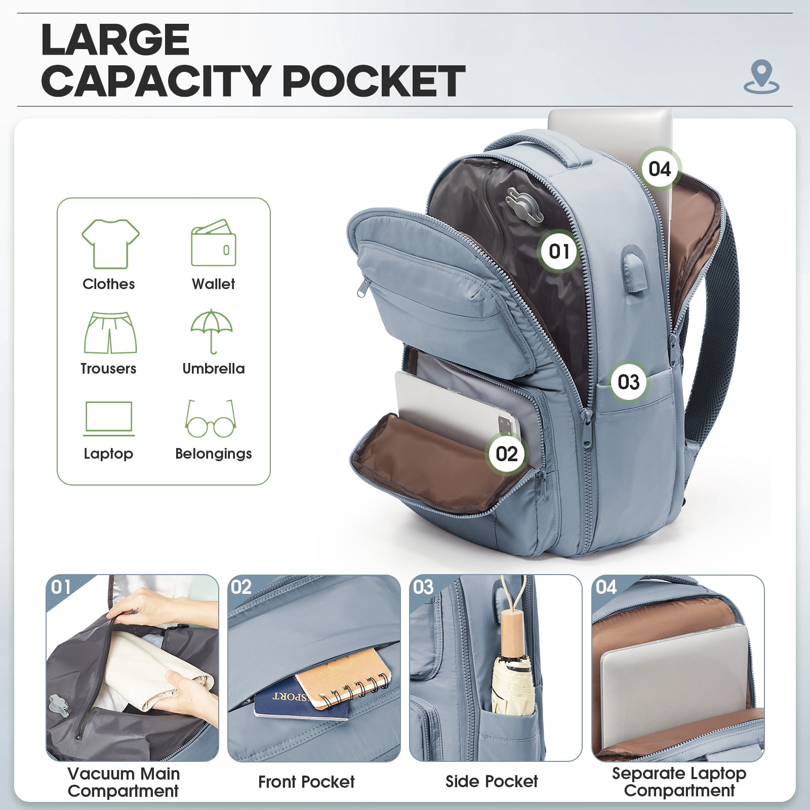 Vacuum Travel Backpack with Pump, Vacuum Seal Compression Backpack for Travel on Airplane, Vacpack Backpack with Vacuum Packing for Women Men Airpack Daypack Fit 17 Inch Laptop Travel Bookbag Blue