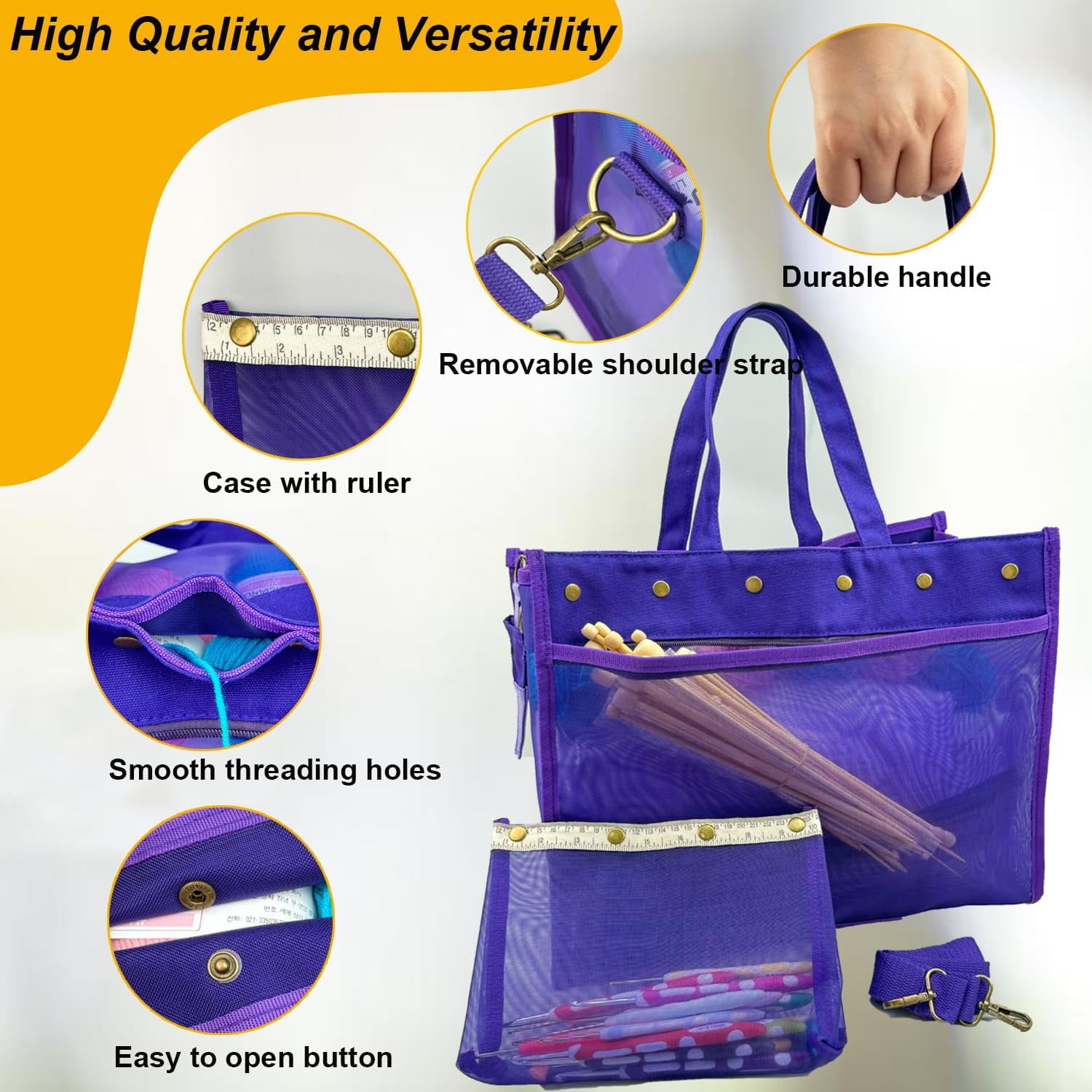 ABCISI Knitting Bag Large Yarn Storage Organizer, Crochet Bags and Totes, Yarn Bags for Crocheting, Crochet Storage Bags for Crochet Hooks Knitting Needles, Knit Bags for Crochet Lovers (Purple)