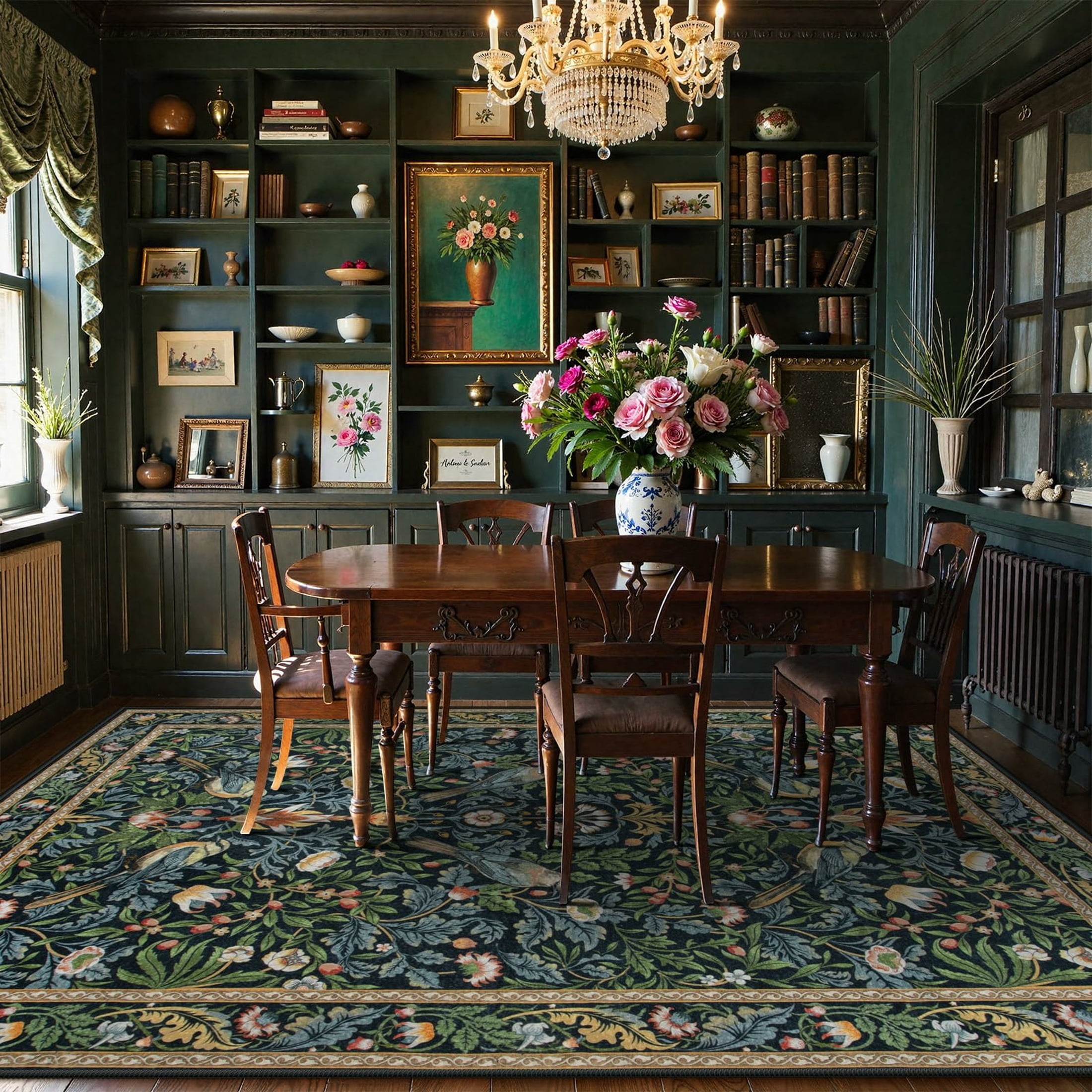 Moynesa 8'x10' Vintage Bird Washable Rugs for Living Room, Green Botanical Floral Large Area Rugs for Bedroom, Non-Slip Soft Natural Rugs for Dining Room, Accent Carpet for Under Table Apartment