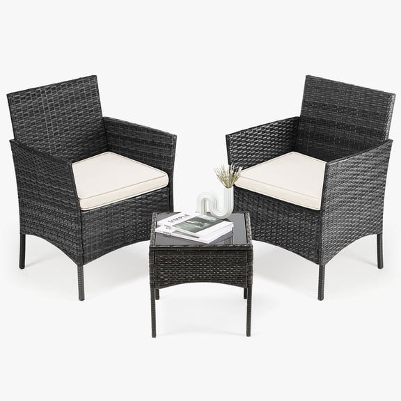 CONCETTA 3-Piece Black Wicker Patio Set with Cushions and Glass Table – Good for Garden, Terrace, or Lawn
