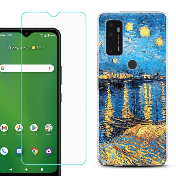 Shockproof Bumper Phone Case for AT&T Radiant Max 5G / Fusion 5G, with Tempered Glass Screen Protector, by OneToughShield ® - Starry Night Rhone