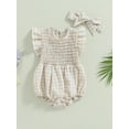 thumbnail image 3 of Hirigin Newborn Baby Girl Bubble Romper Summer Clothes 0 3 6 12 18 Months Ruffle Sleeve Crewneck Plaid Playsuit with Headband, 3 of 8