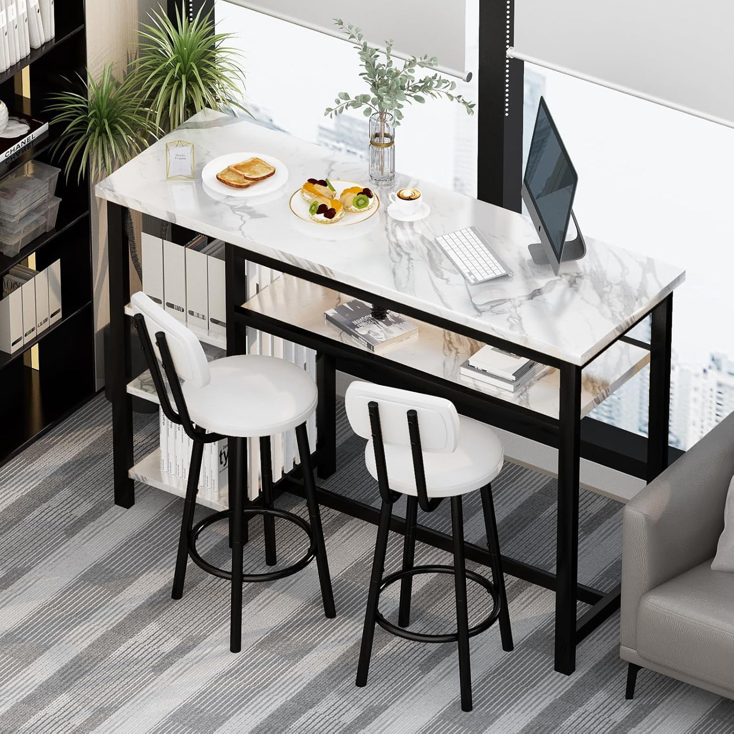 Cvortll Bar Table and Chairs Set, Kitchen Counter with 3 Tier Storage Shelves,3-Piece Faux Marble Table with 2 PU Cushion Bar Stools,Black Legs