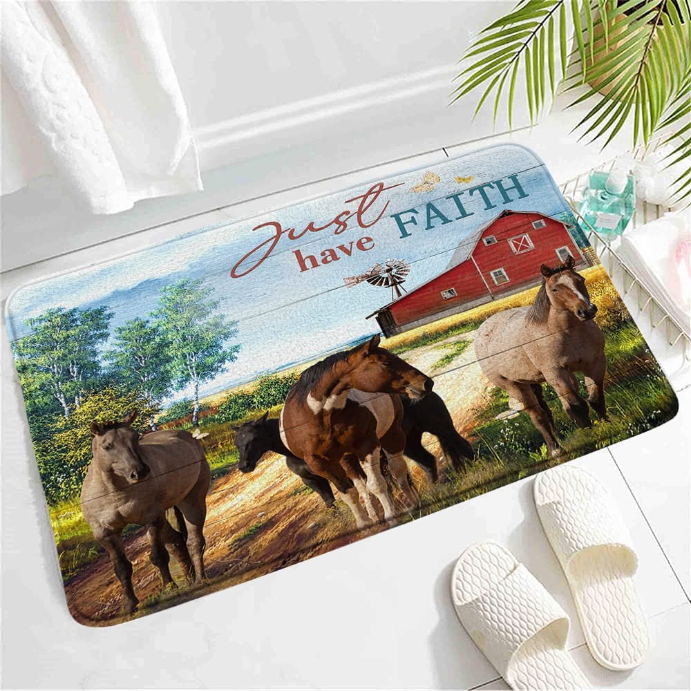 Western Horse Bath Mat, Farmhouse Motivational Quotes Running Animal Rustic Farm Barn Windmill