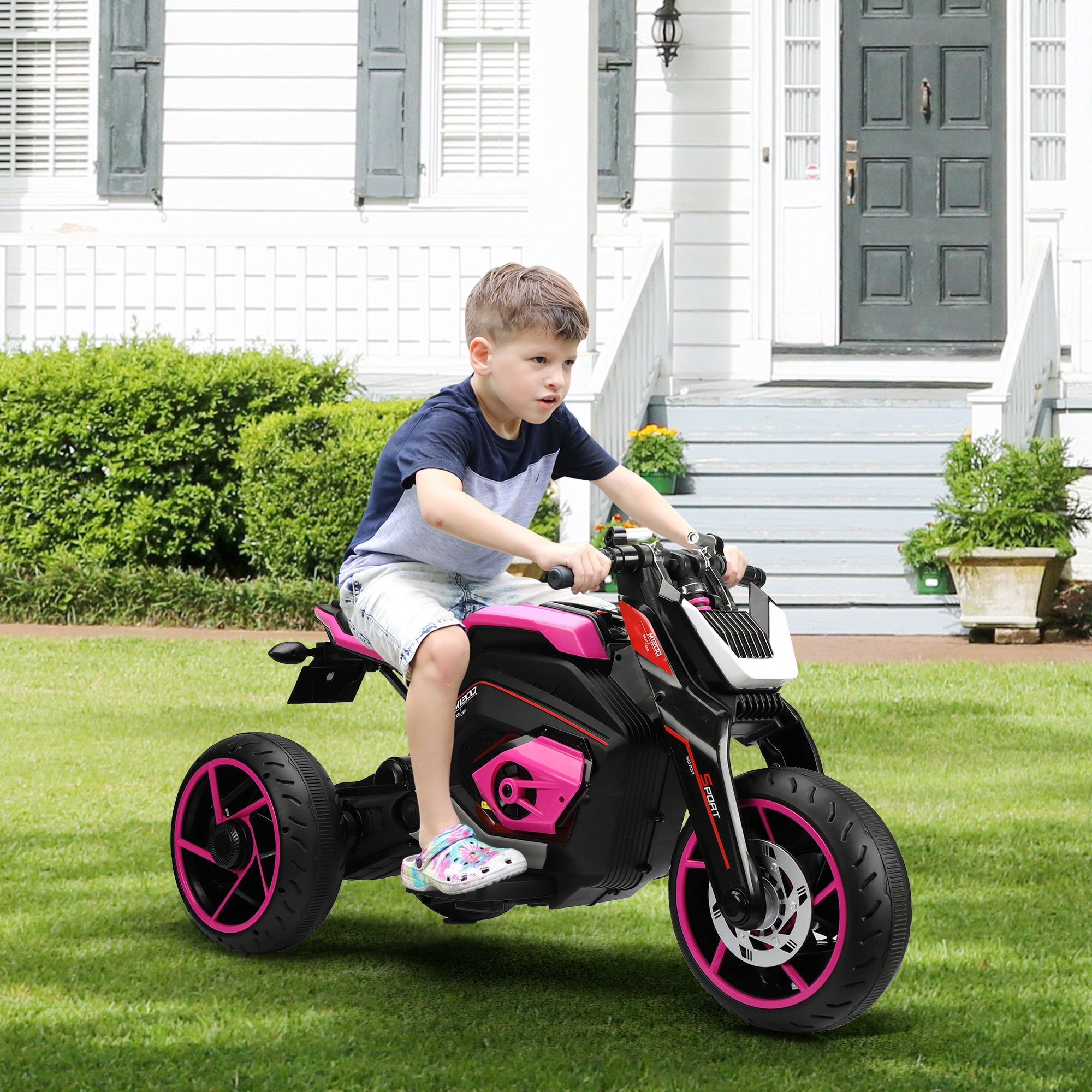 TOBBI 12V Kids Ride on Motorcycle Battery Powered Electric 3 Wheels Trike Motorcycle W/ Lights, Rose Red