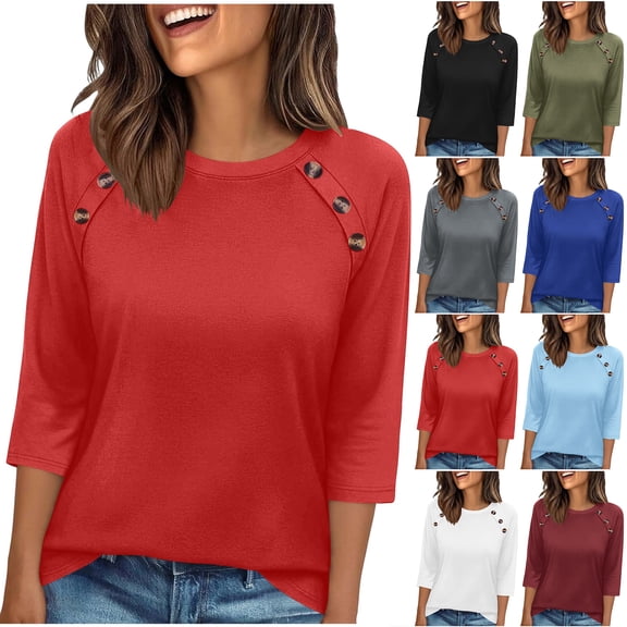 Otntypg Womens Blouses Dressy Casual 3/4 Length Sleeve Tops Spring Summer Business Work Crewneck T-Shirts Casual Beach Vacation Tunic Shirt