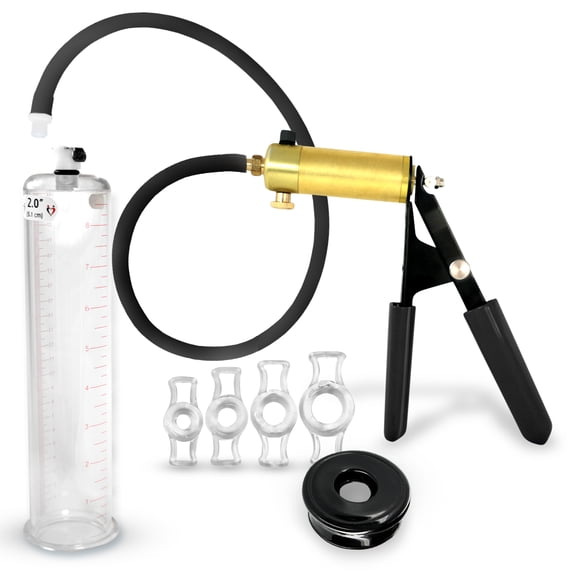 LeLuvĀ® Premium Ultima Penis Pump, Brass Handle w/ Black Rubber Grip, Silicone Hose | TPR Seal, 4 Constriction Rings | 9" x 2.00" Cylinder