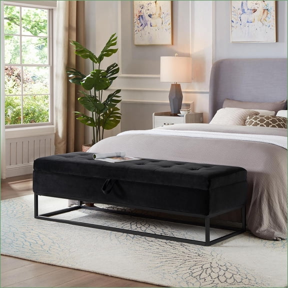 58.6'' Bed Bench with Storage – Contemporary Metal Base for Bedroom/Living Room/Hallway | Black | Velvet