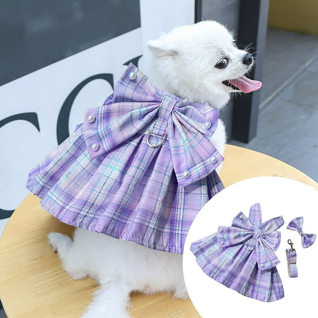 Cute And Stylish Plaid Print Dog Harness Dress With Bowknot For Small Dogs Perfect For Indoor And Outdoor Use Available In Various Sizes