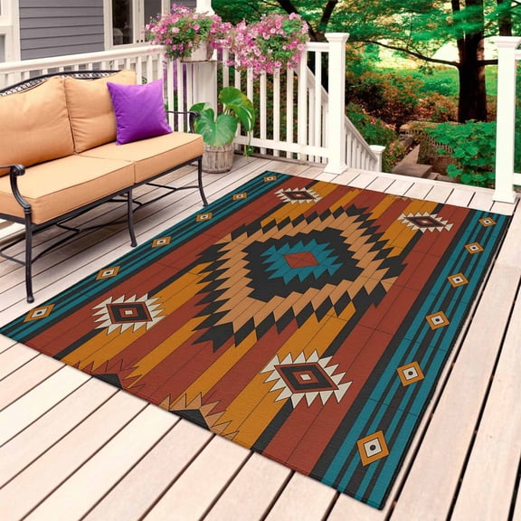 Aztec Southwest Outdoor Rug for Patio/Deck/Porch, Non-Slip Large Area Rug 4 x 6 Ft, Vintage Geometric Farmhouse Art Indoor Outdoor Rugs Washable Area Rugs, Reversible Camping Rug Carpet Runner