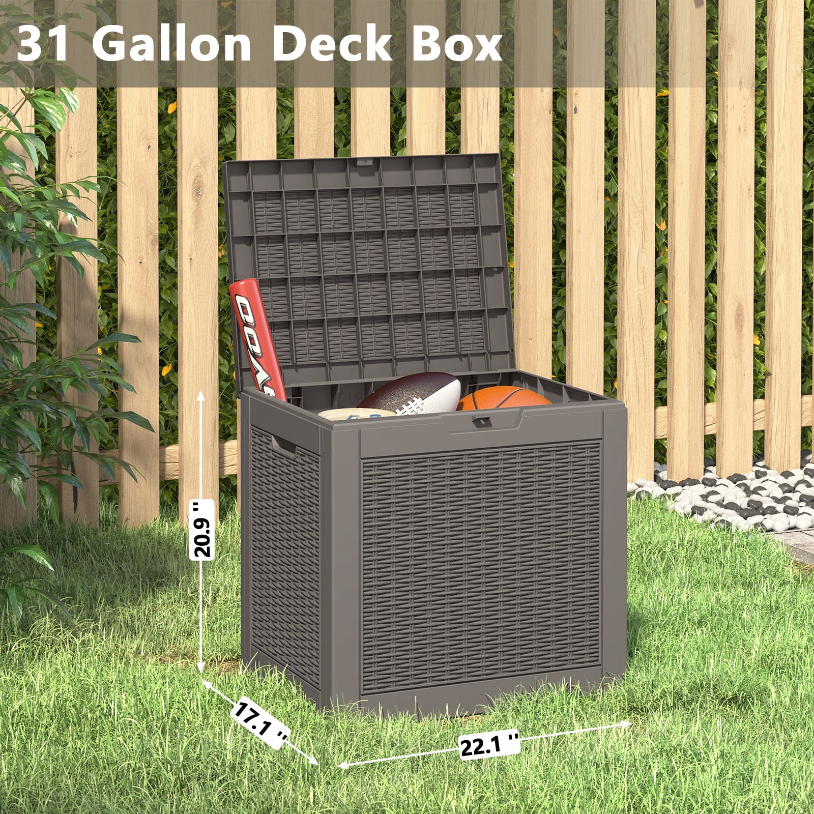 LHBcraft 31 Gallon Deck Box, Resin Outdoor Storage Box, Waterproof and UV Resistant Lightweight Storage Deck Box for Garden Tools, Supplies, Toys