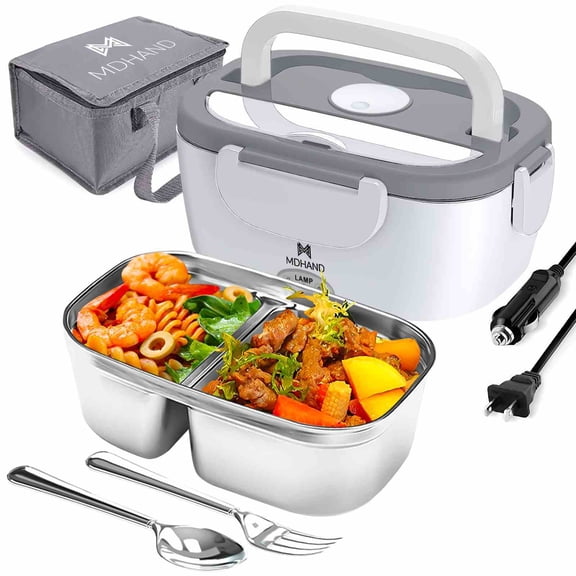 MDHAND Electric Heated Lunch Box, 1.5L Portable Food Warmer with 304 Stainless Steel Container, 65W PTC Fast Heating, White