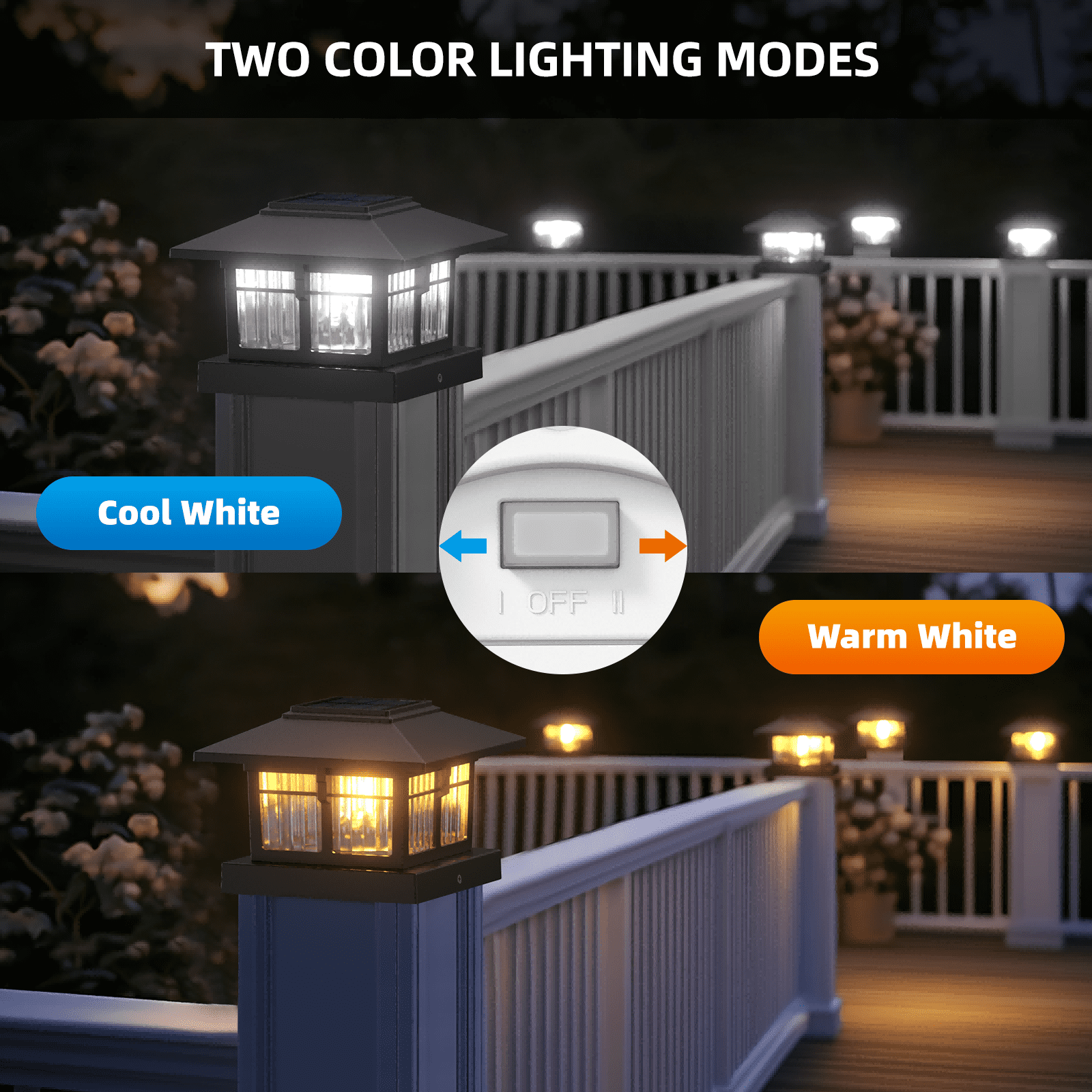4x4 Solar Post Cap Lights, 6 Pack Fence Deck Post Lights Outdoor Solar Powered Waterproof with Two Light Modes Warm&Cool White for Garden Patio Decor (Black, 6)