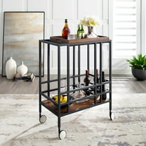 Inspired Home Carrere Bar Cart Removable Serving Tray Wine Bottle/Stemware Storage Casters, Black/Walnut