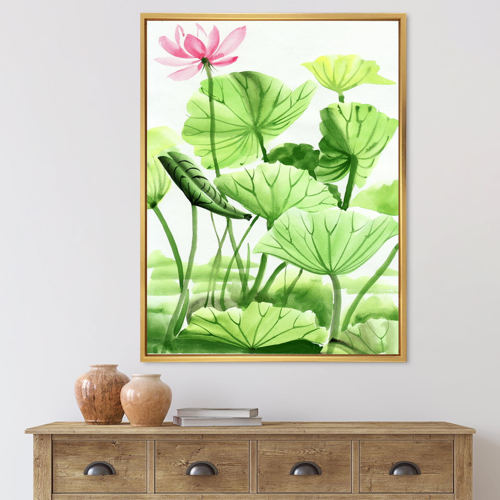 Ancient Lotus Leaves In The Pond 16 in x 32 in Framed Painting Canvas Art Print, by Designart