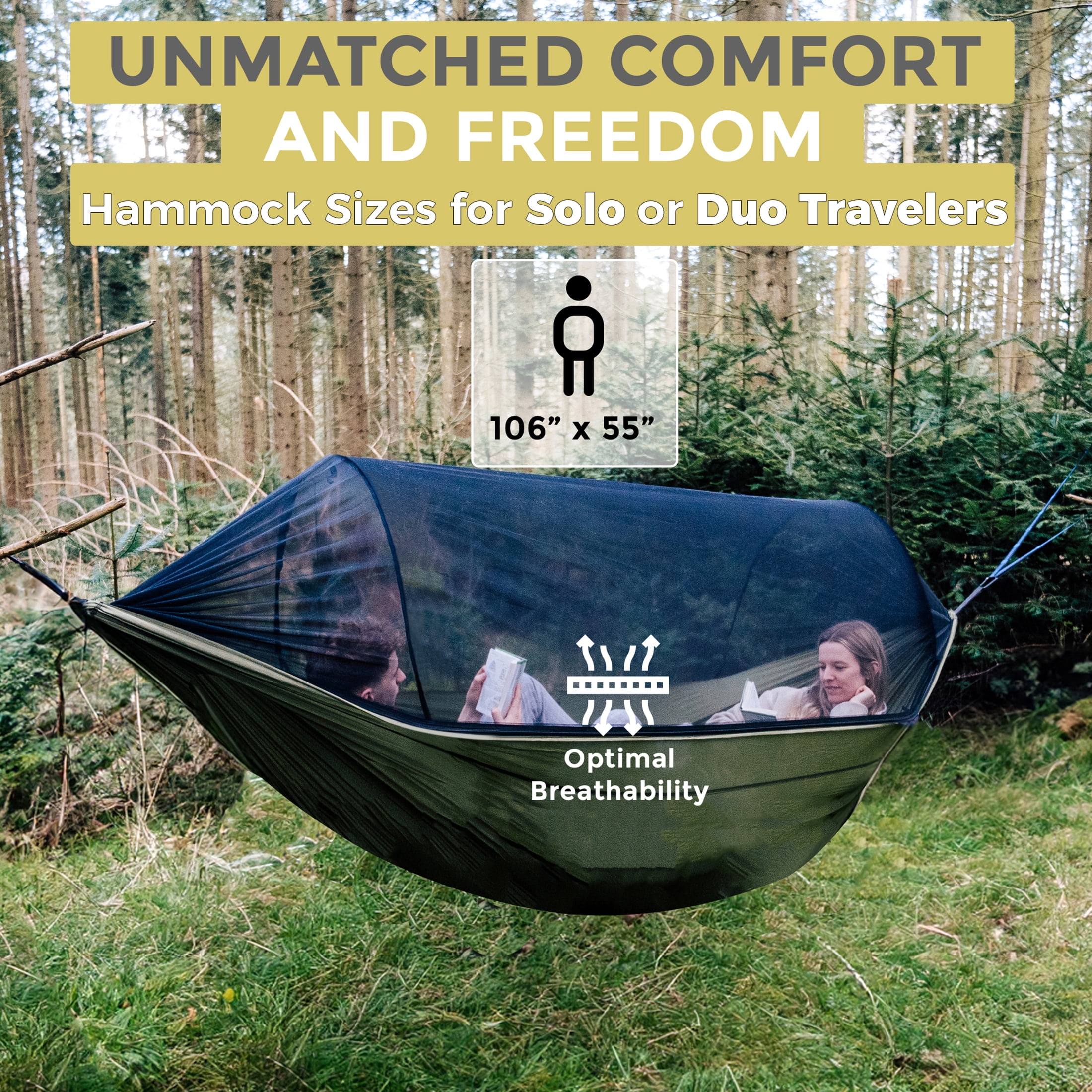 Sunyear Double & Single Camping Hammock with Tent-Like Mosquito Net & Aviation Aluminum Poles (NOT a Face-Hugging Net), Easy Setup 600lbs